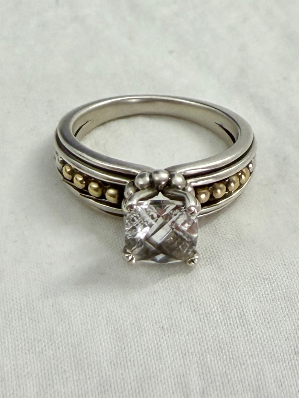 LAGOS Caviar Sterling Silver 18K Yellow Gold White Topaz Spinel Dot Band Ring; 7